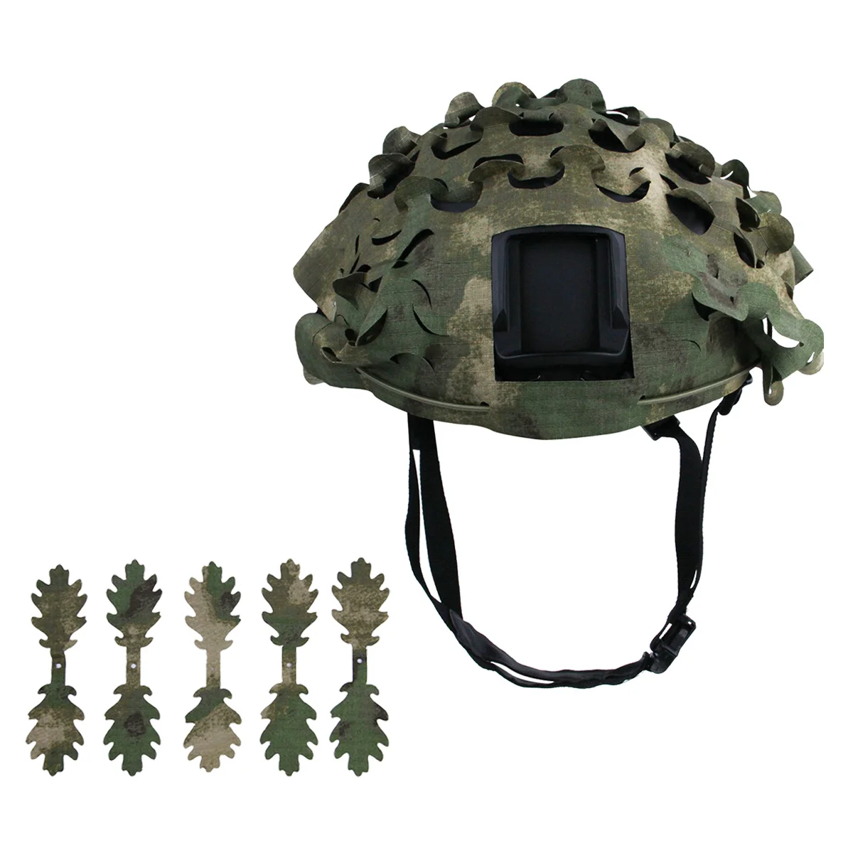 Vista trasera de la funda instalada con tiras de camuflaje