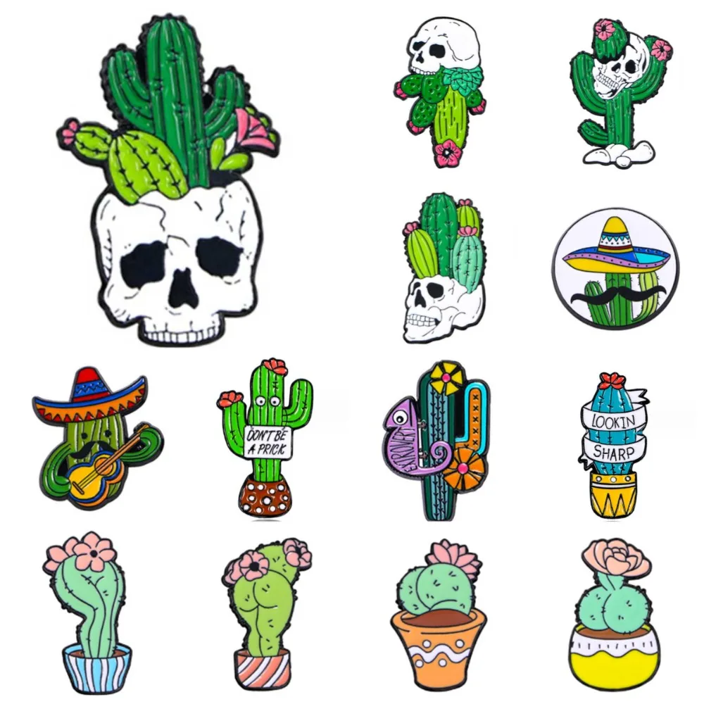 Broches de esmalte con diseño de cactus y calavera