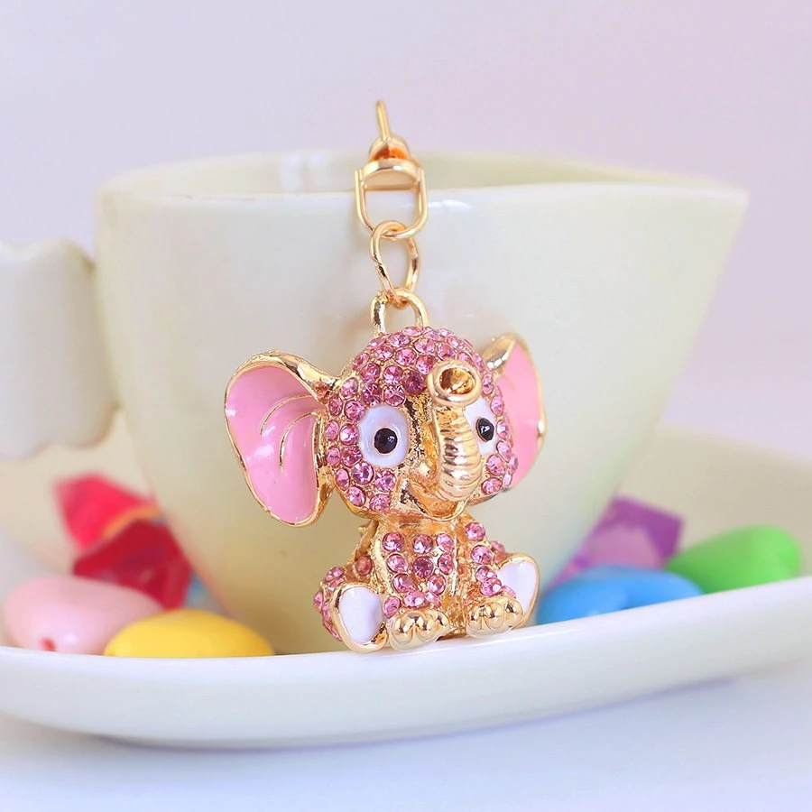 Llavero elefante de cristal rosa con pedrería brillante para bolso - imagen 4