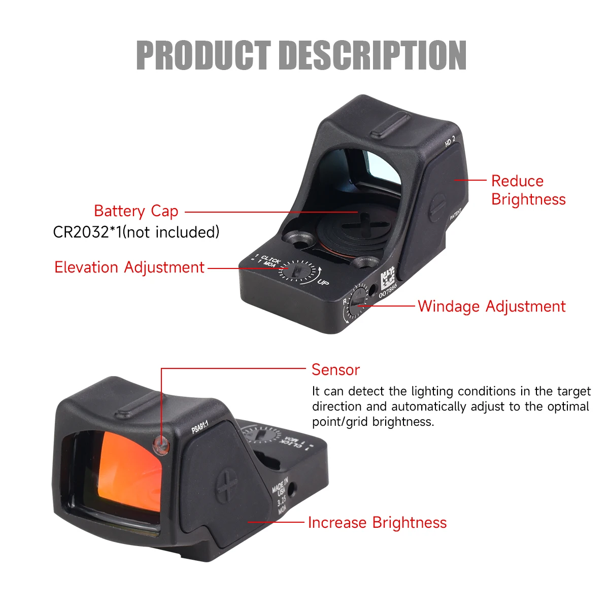 Mira red dot RM-HD Táctica reflex para Glock con ajuste de luz - imagen 5