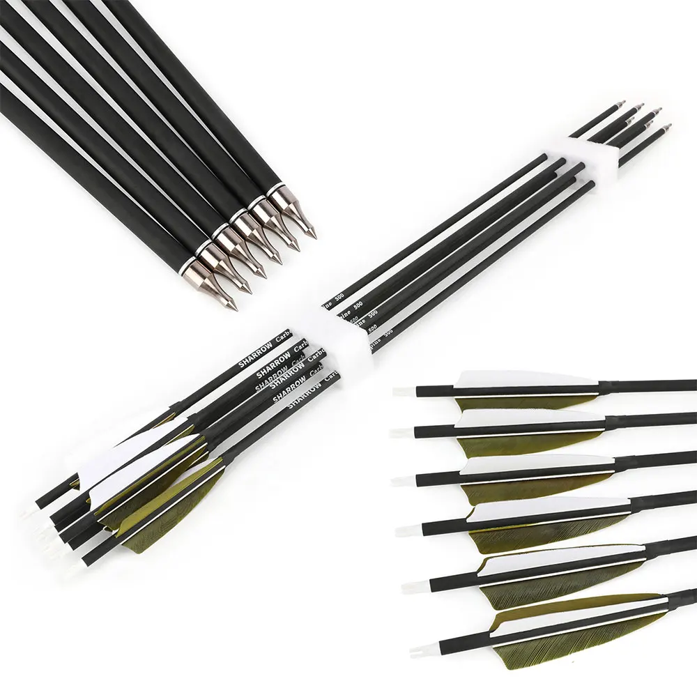 Flechas de carbono con plumas auténticas para caza y tiro