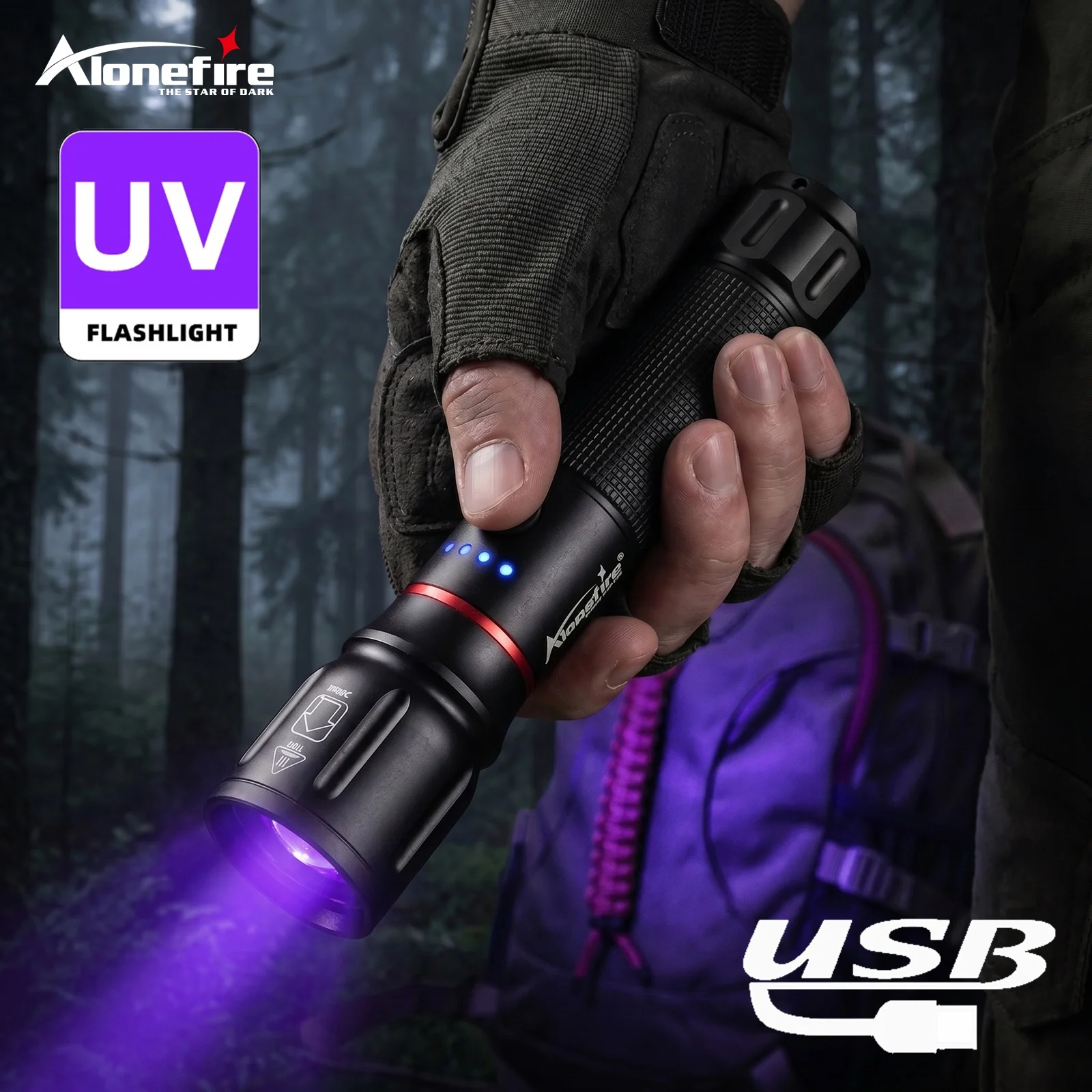 Linterna UV recargable USB Alonefire para detectar manchas y minerales - imagen 2