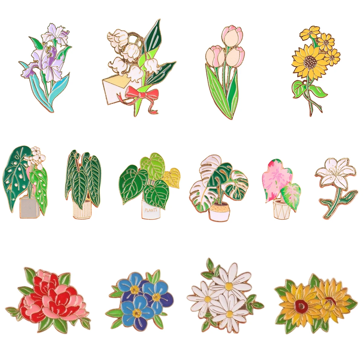 Broches de lapela esmaltados con motivos florales y plantas