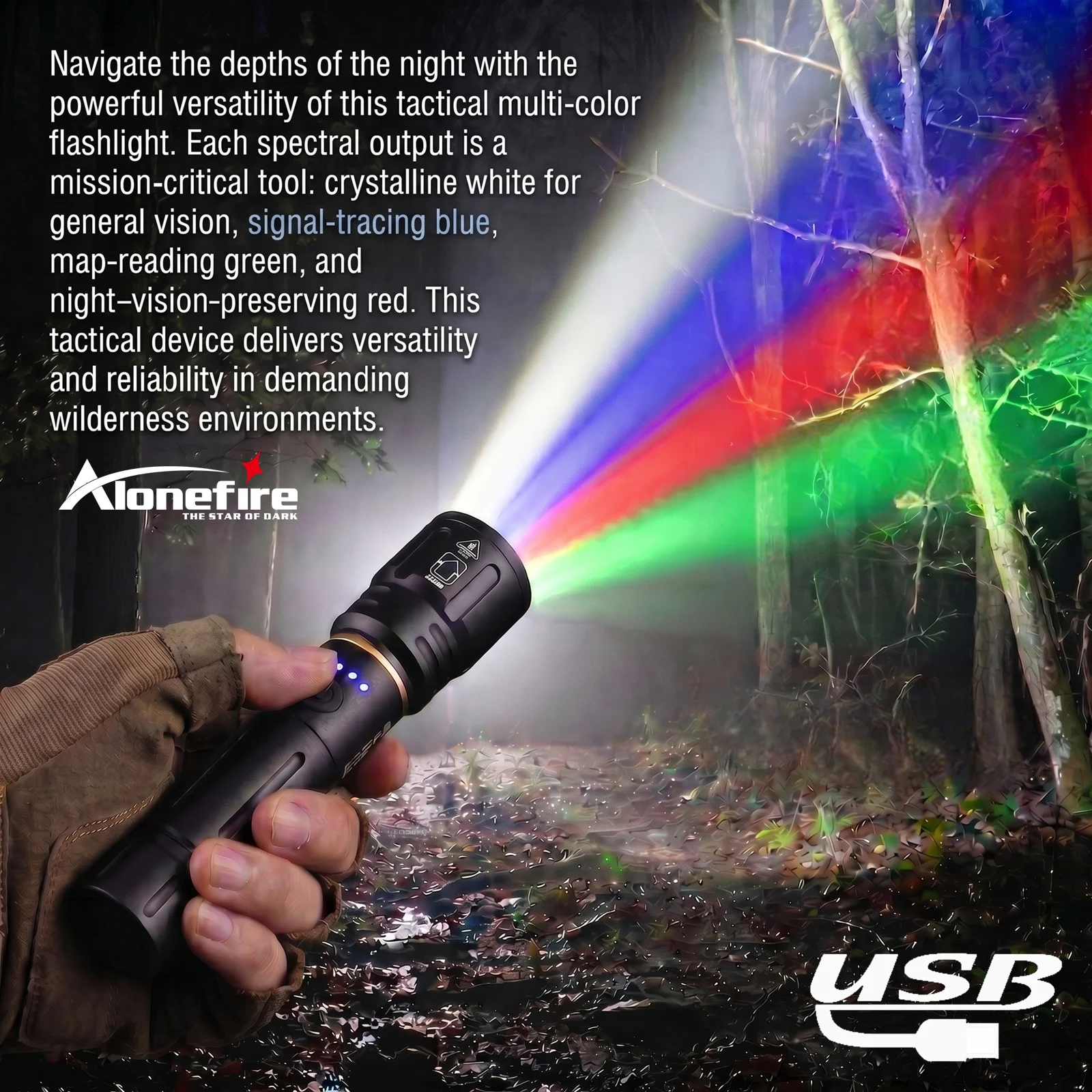 Linterna Alonefire Zoom RGB en uso exterior