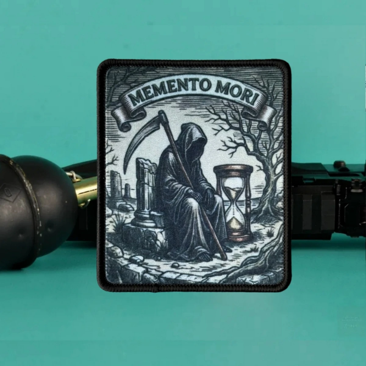 Parche táctico MEMENTO MORI reloj de arena ceñidor Velcro - imagen 2