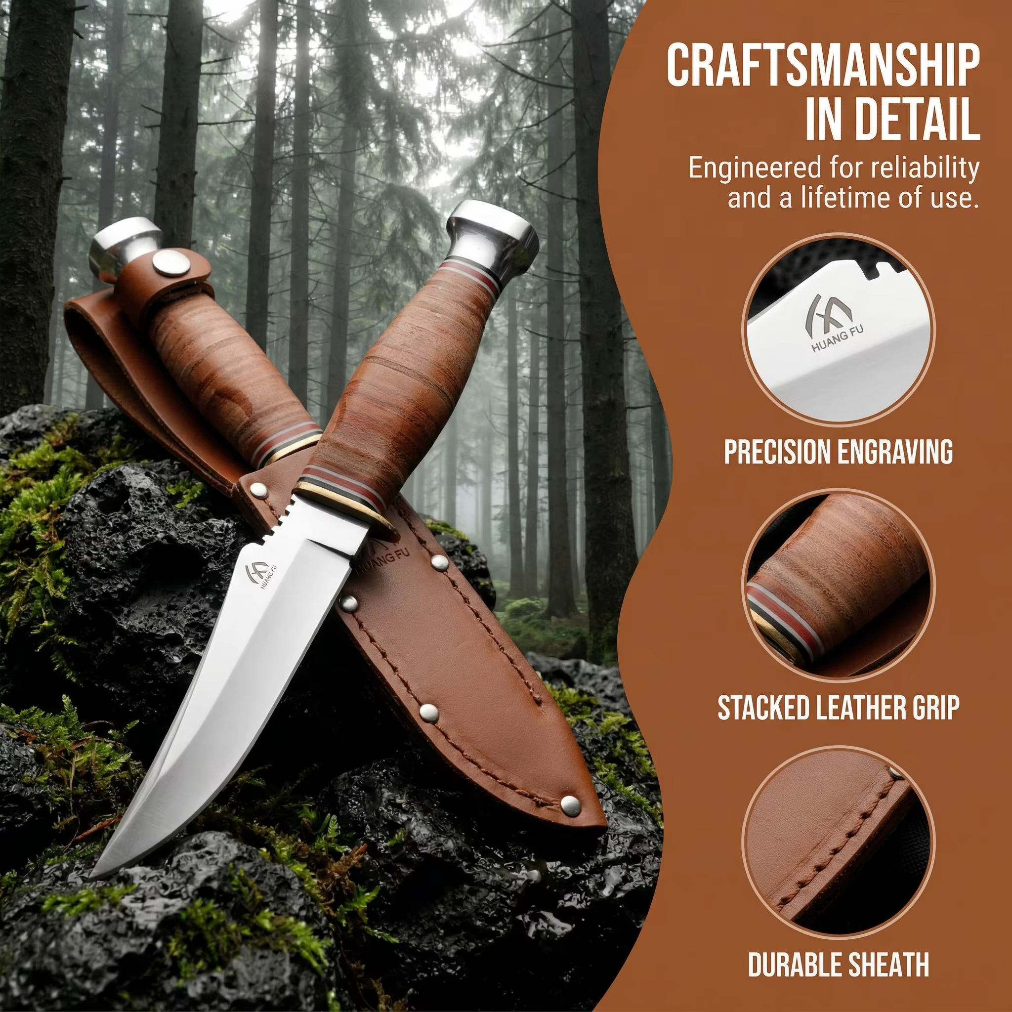 Cuchillo fijo táctico con funda de cuero para exteriores - imagen 3