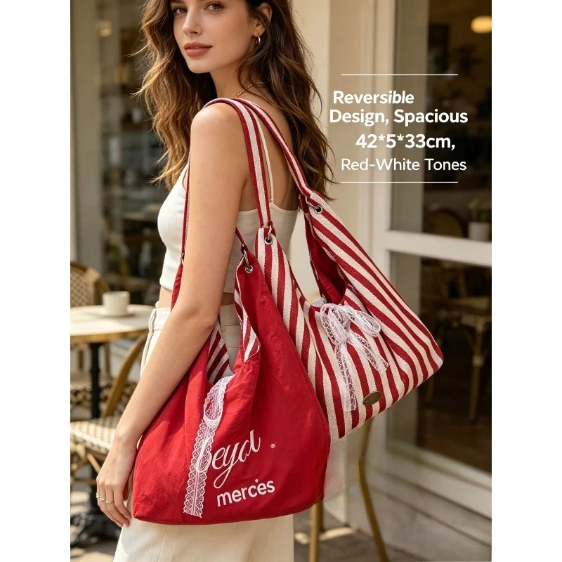 Bolso de lona de doble cara a rayas gran capacidad para mujer - imagen 5