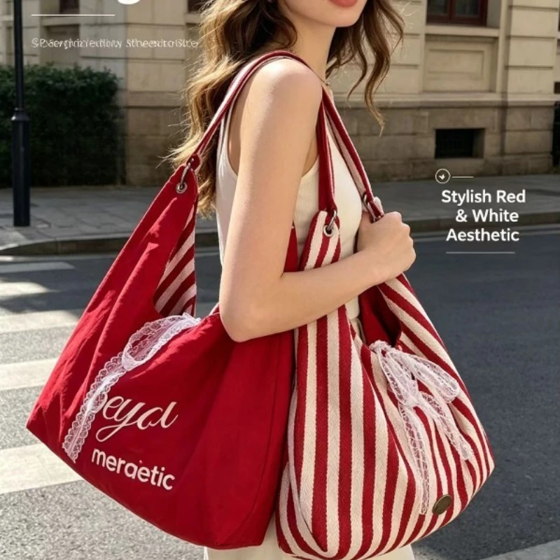 Bolso de lona de doble cara a rayas gran capacidad para mujer - imagen 4