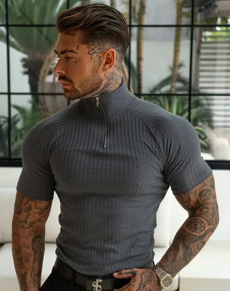 Camiseta táctica hombre cremallera cuello alto solapa rayas multicolor - imagen 3