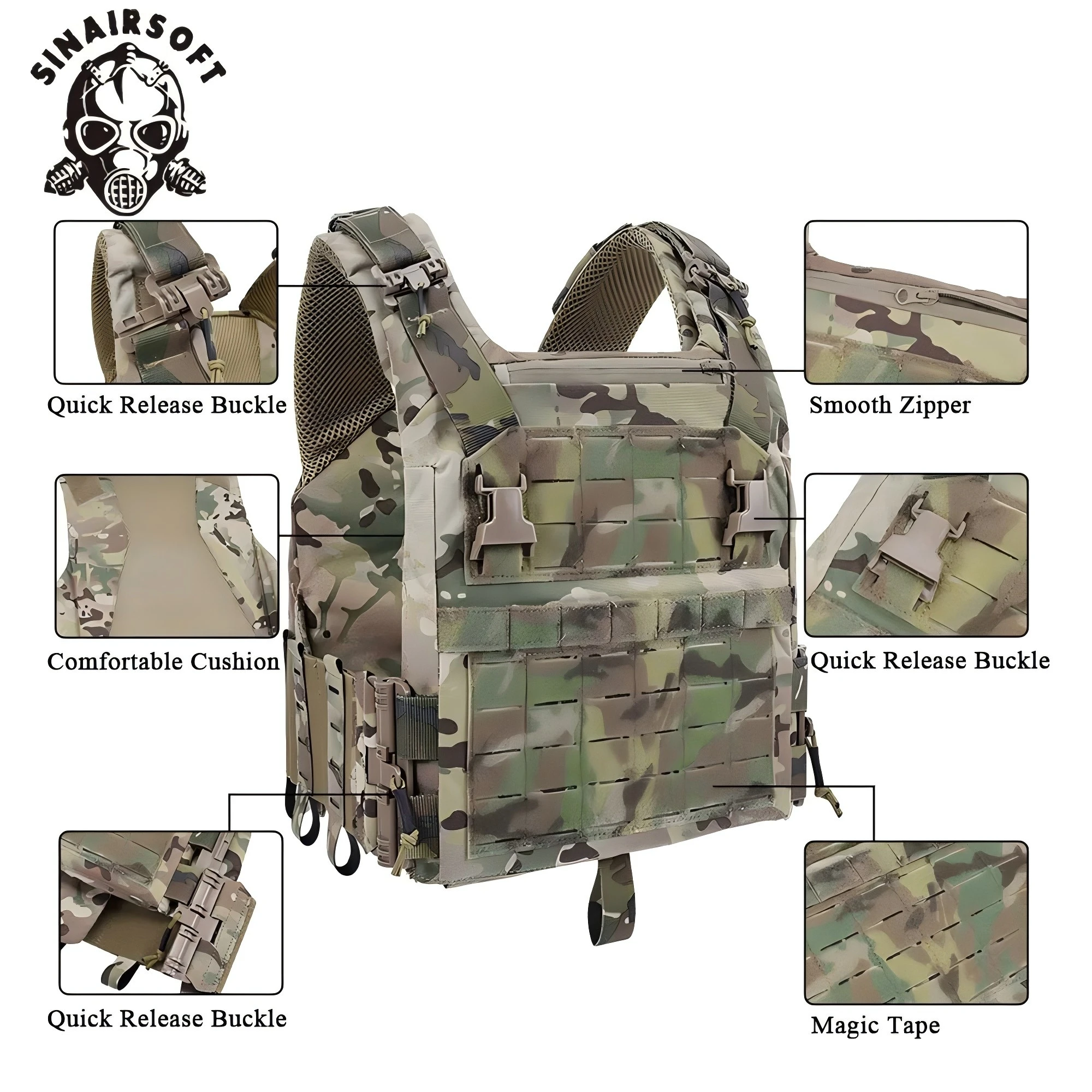 SINAIRSOFT Chaleco táctico portaplacas MOLLE con liberación rápida - imagen 2