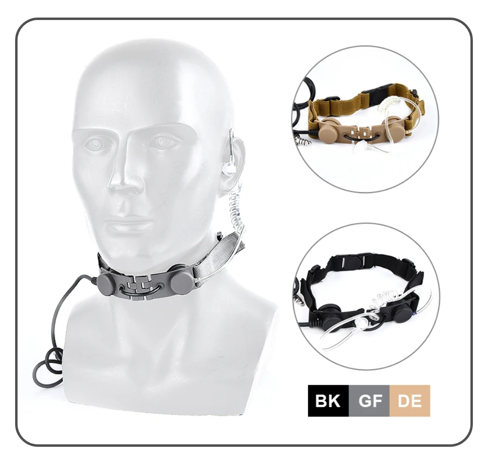 Vista del conjunto completo con los auriculares y el micrófono de garganta