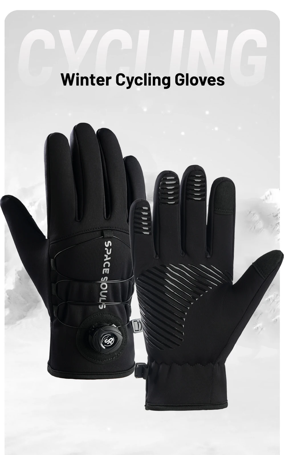 Vista general de guantes de ciclismo de invierno con diseño térmico