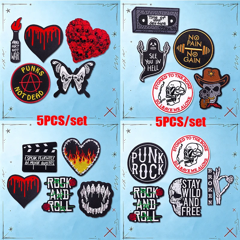 Parches termoadhesivos de calaveras punk rock y corazones para ropa