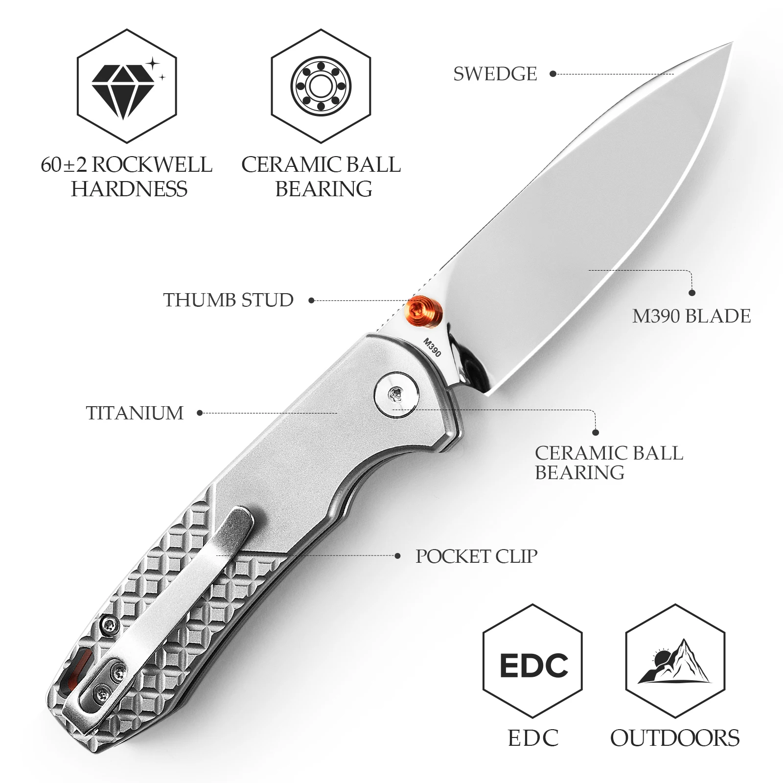 TRIVISA Dragonfly-M cuchillo plegable EDC M390 titanio espejo