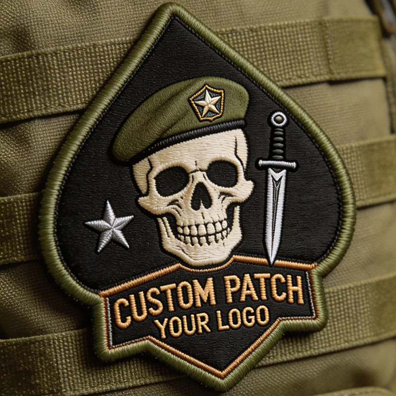 Parche bordado personalizado con calavera verde militar y boina