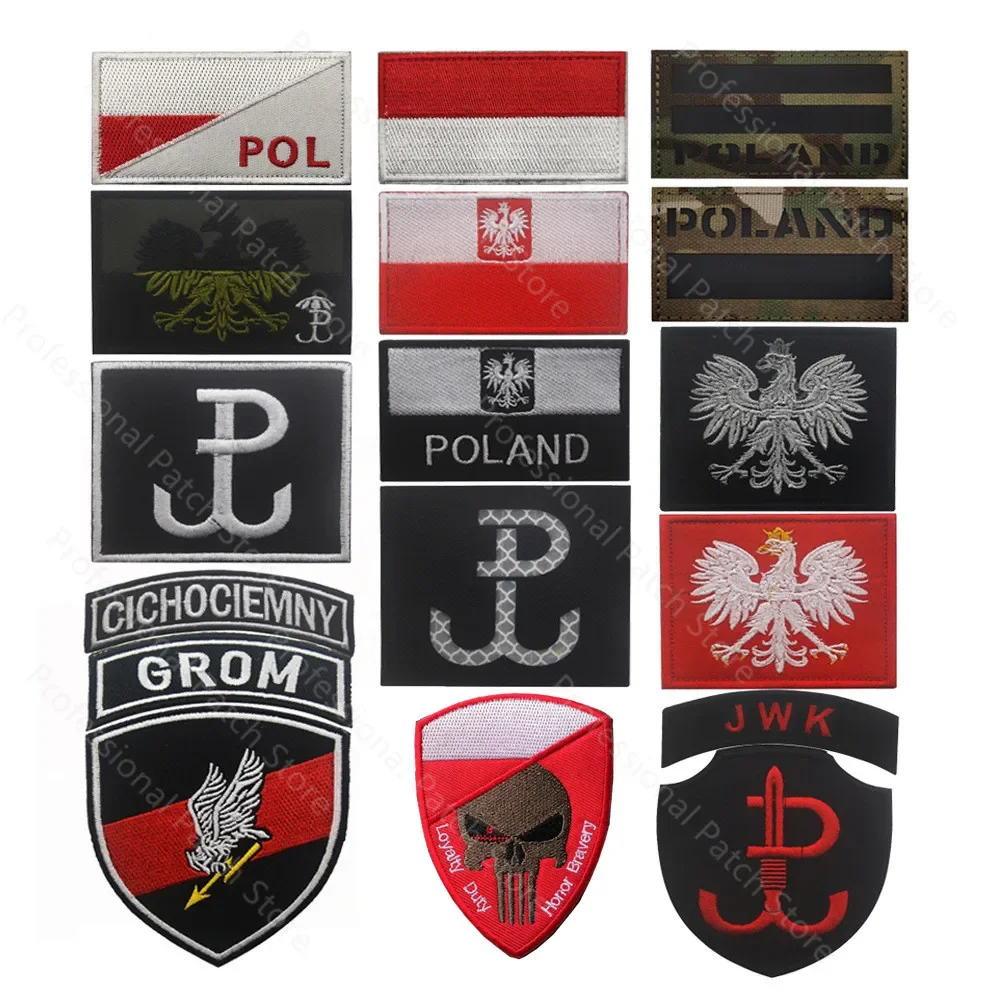 Parches bordados con bandera de Polonia y diseño de águila reflectante