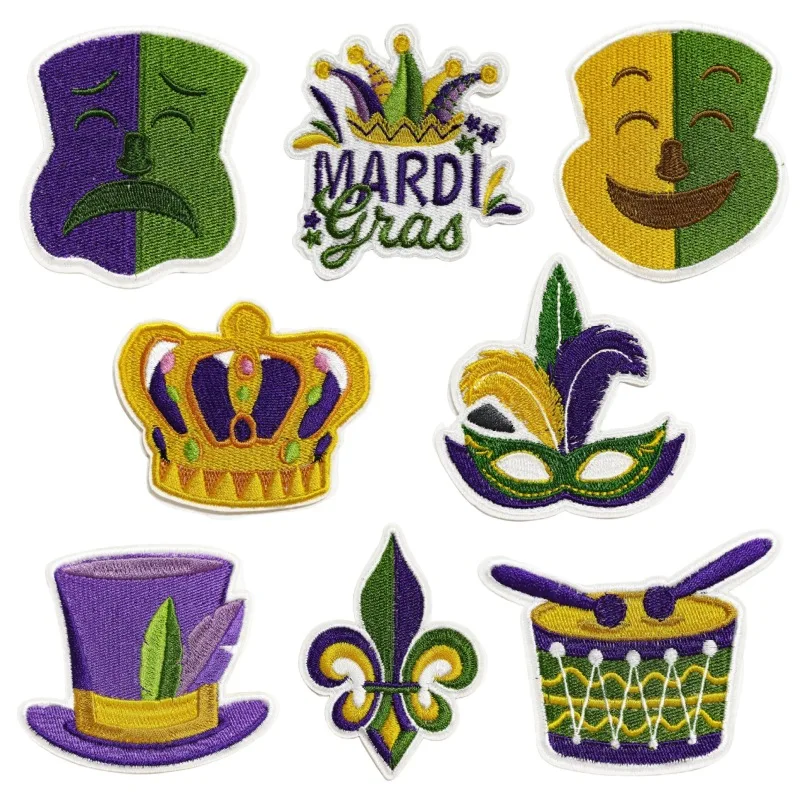Parche bordado de Mardi Gras con colores vibrantes y detalles festivos