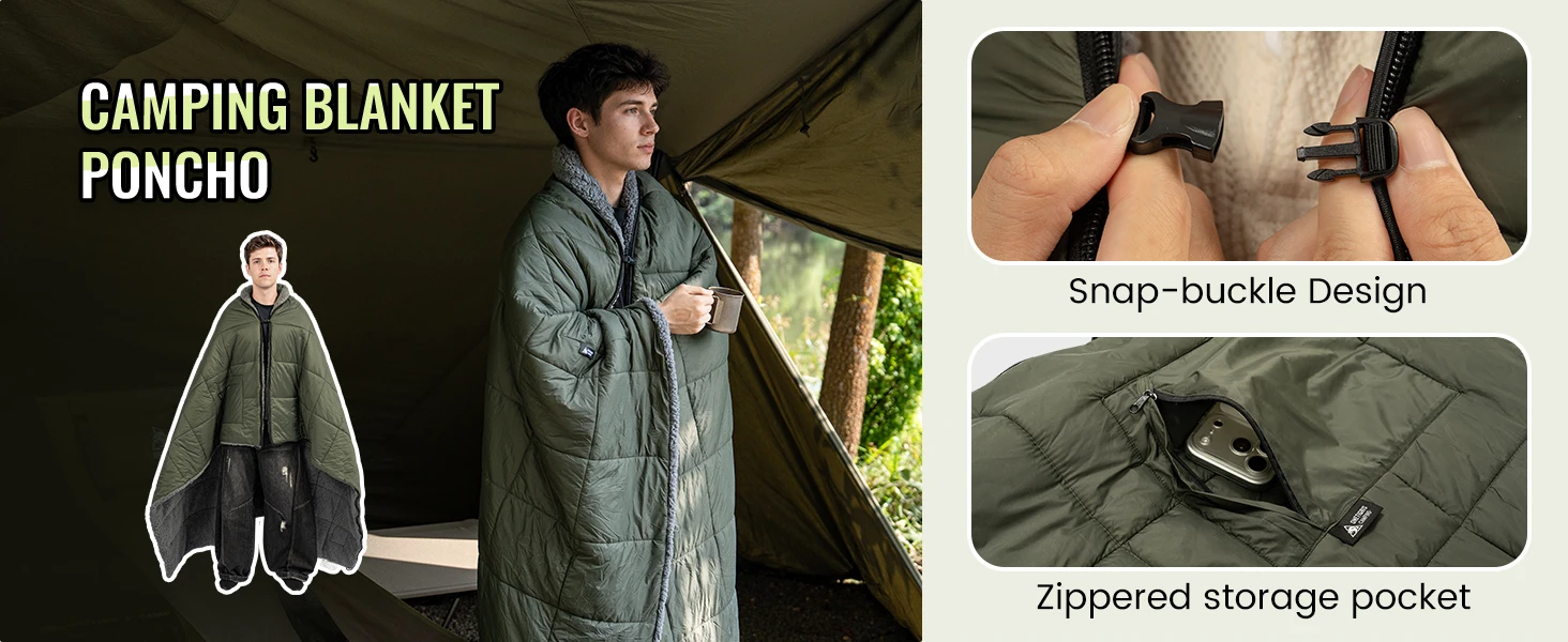Detalle del bolsillo con cremallera del poncho de camping
