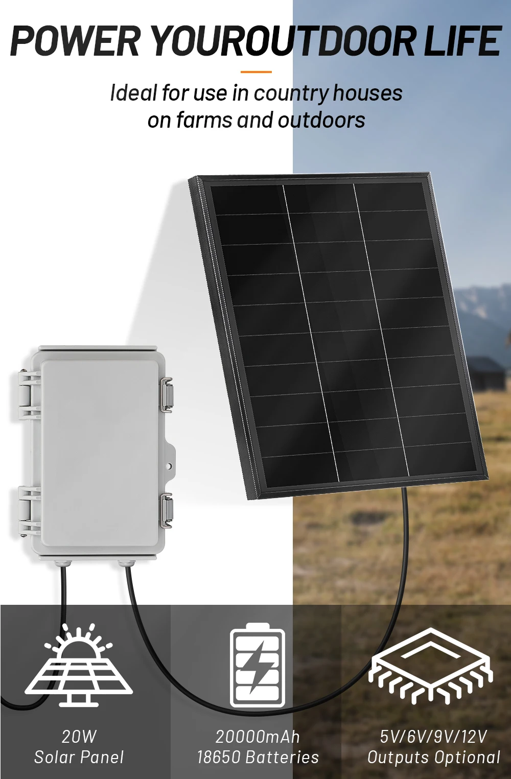 Panel solar monocristalino de 20W para recarga exterior