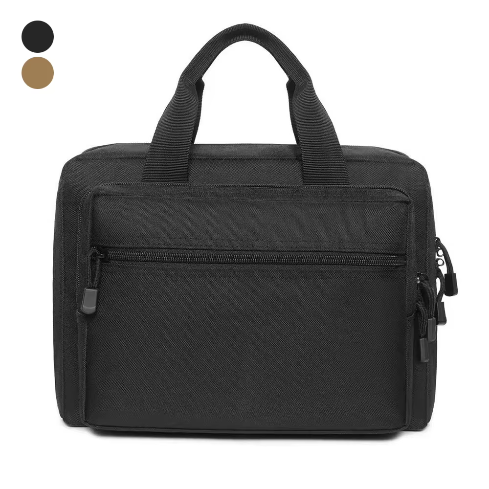 Bolsa para pistola de doble capa en color negro con compartimentos visibles