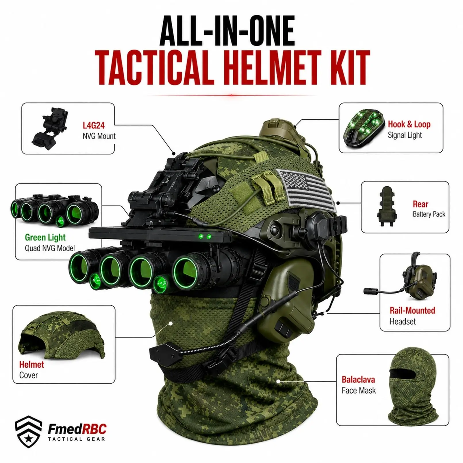 Casco Táctico FAST con Kit NVG, Luz Señalización y Auriculares - imagen 2