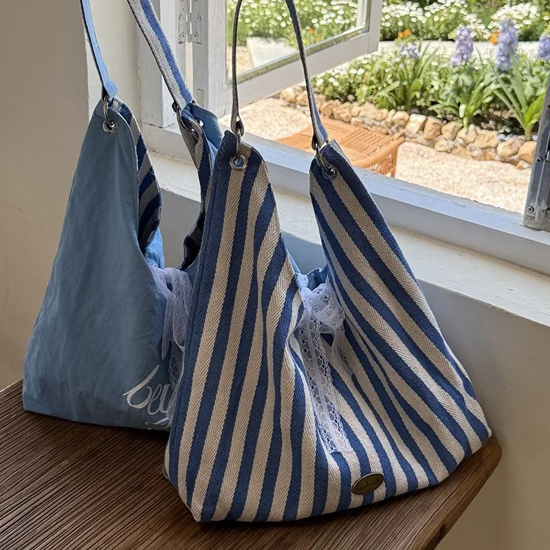 Bolso de hombro lona a rayas doble cara, gran capacidad - imagen 4