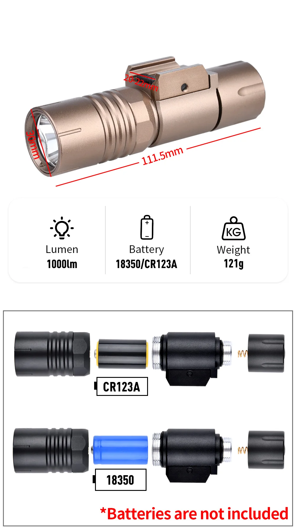 Linterna táctica sobre riel Picatinny 20 mm