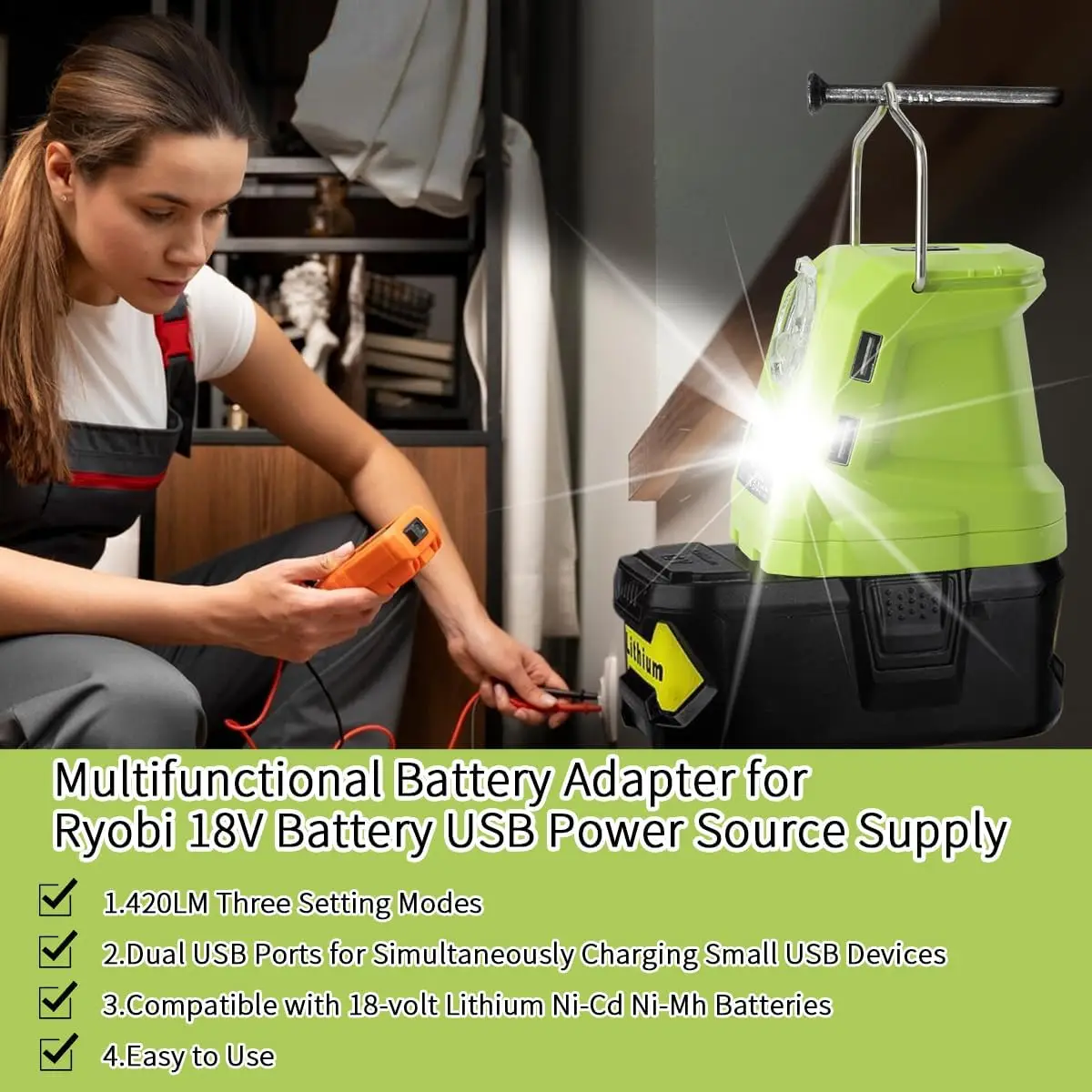 Adaptador batería Ryobi Craftsman USB LED luz de trabajo con gancho - imagen 2