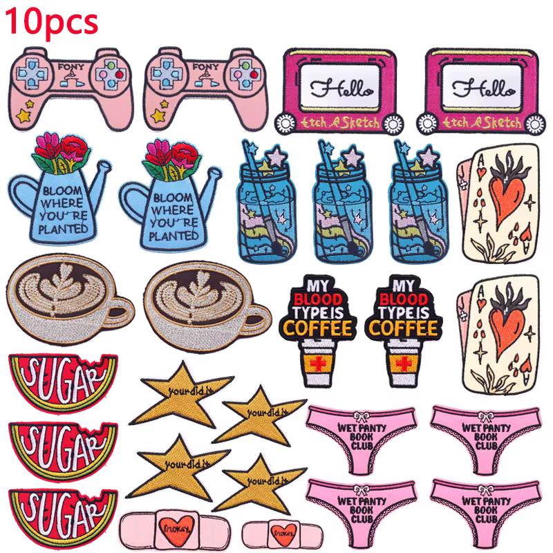 Lote de 10 parches bordados con diseño de taza de café y letras