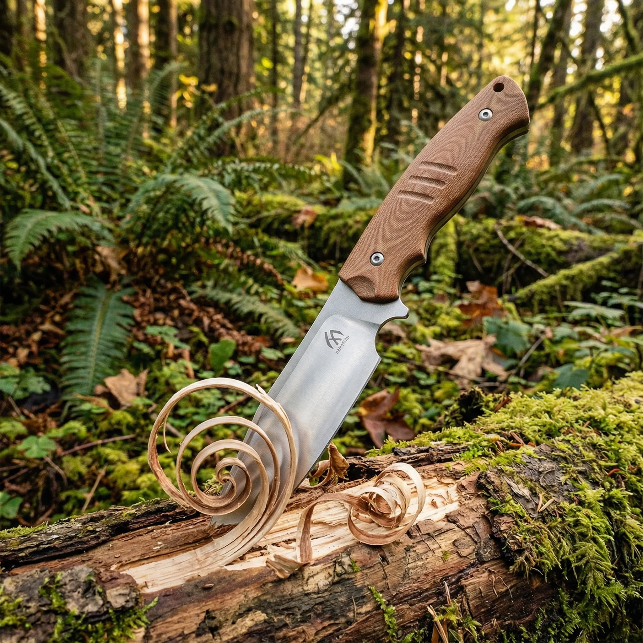 Cuchillo de hoja fija sobre superficie rústica al aire libre