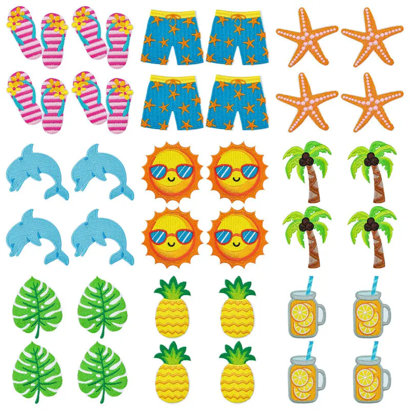 Parche termoadhesivo bordado tropical: paraguas arcoíris y palmera