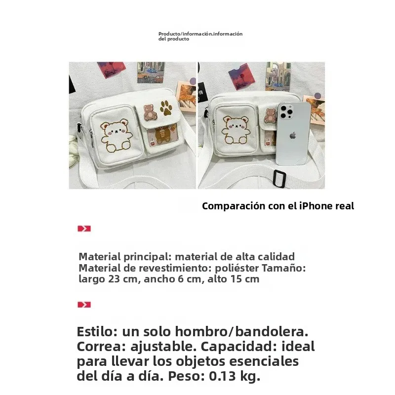 Bolso bandolera de lona con bordado oso vintage estilo táctico