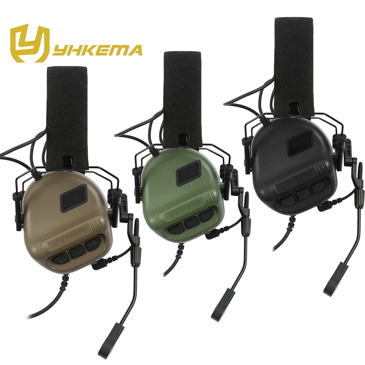 Vista frontal de los auriculares tácticos YHKEMA E70 con micrófono de brazo