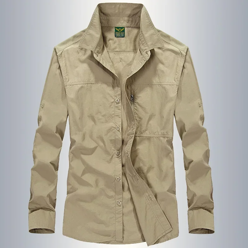 Camisa militar hombre algodón primavera manga larga lisa bolsillos