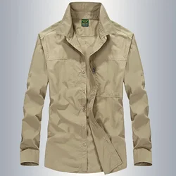 Camisa militar hombre algodón primavera manga larga lisa bolsillos