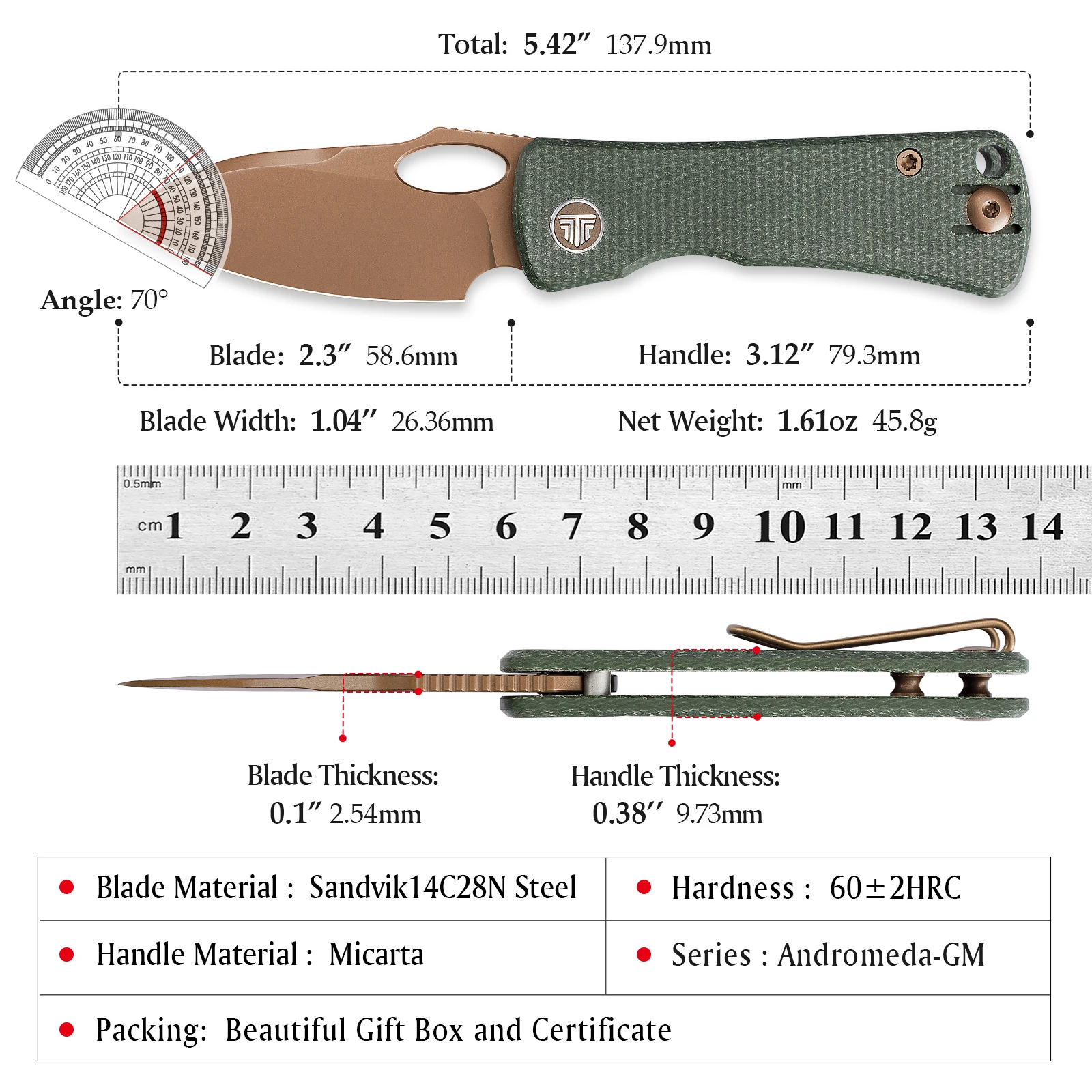 TRIVISA Andromeda-GM Cuchillo plegable EDC Micarta camping y pesca - imagen 3