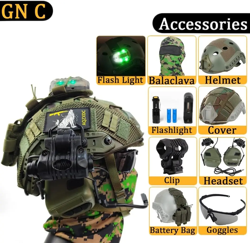 Kit casco Airsoft con auriculares, gafas y linterna – Paintball CQB