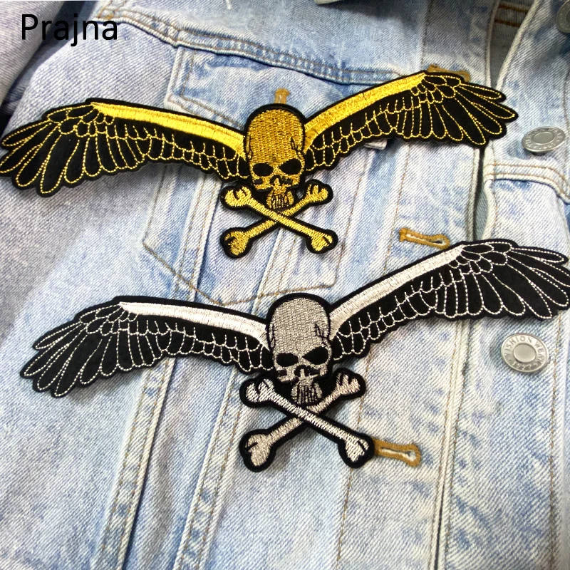 Parche bordado motociclista Punk alas calavera – Chaqueta vaquera