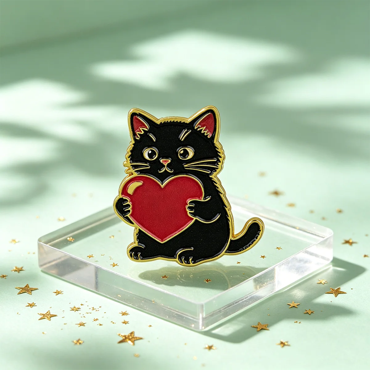 Pin metálico de esmalte gato negro con corazón rojo para mochila