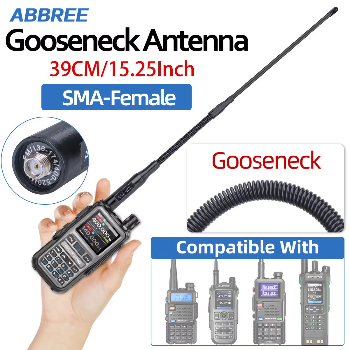 ABBREE AR-166 Antena Walkie Talkie Cuello Cisne SMA-Hembra UHF VHF - imagen 3