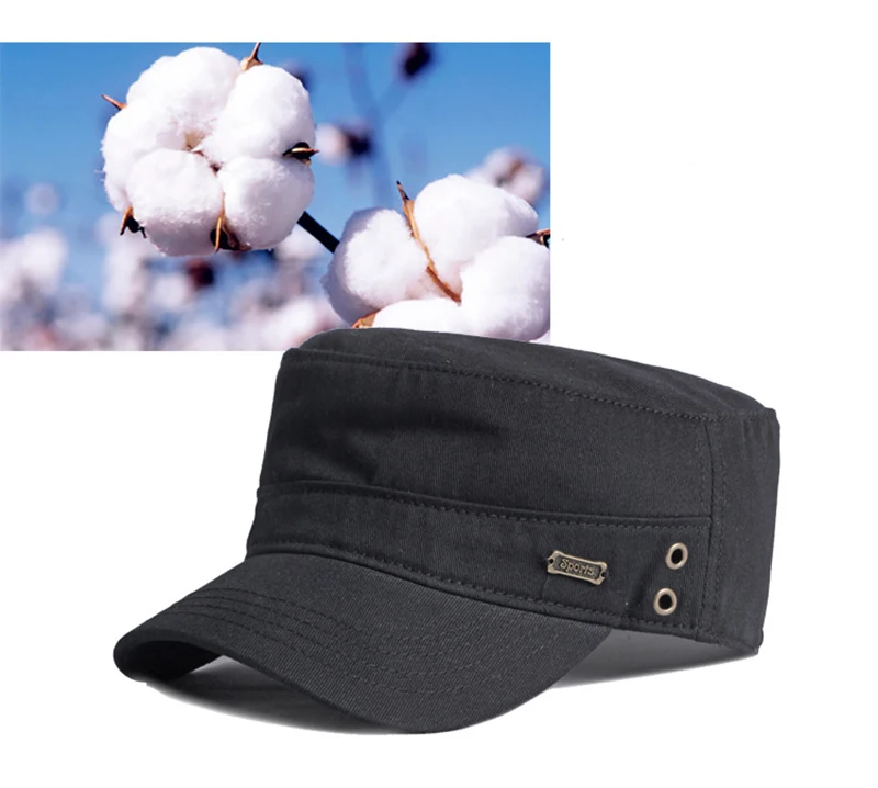 Gorra militar negra de algodón con parte superior plana