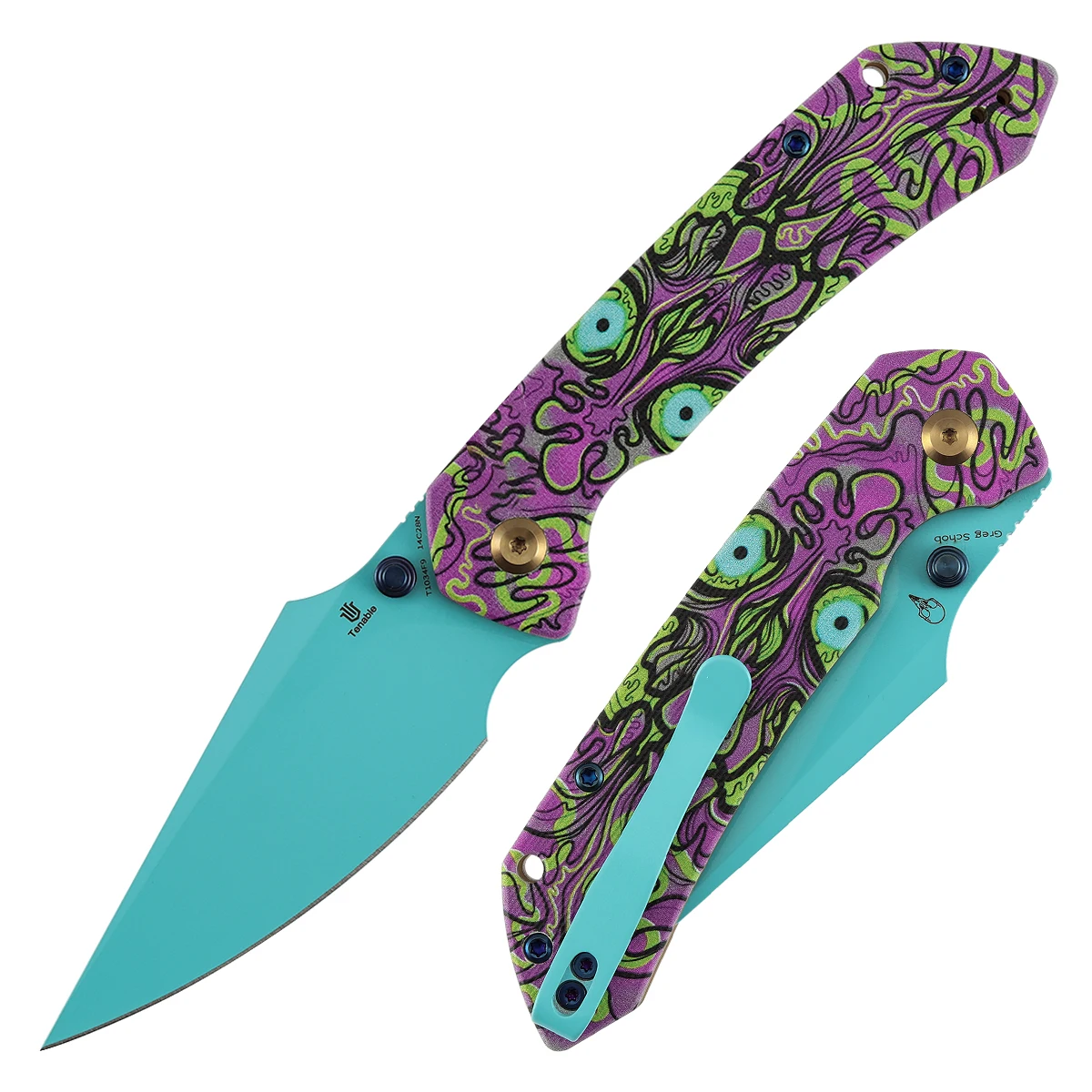Detalle del mango G10 con diseño morado