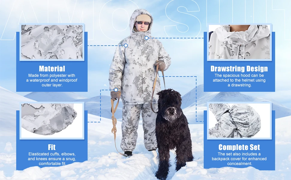 Traje ghillie de nieve guardado en funda