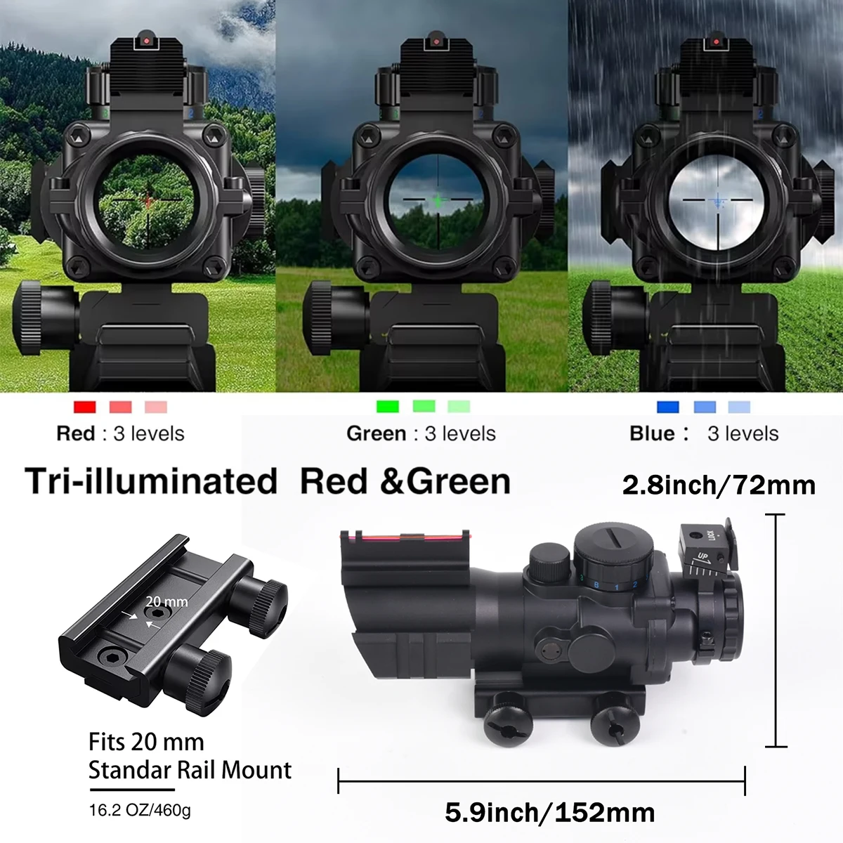 Mira Táctica 4x32 Fibra Óptica RGB para Rifle – Riel Picatinny 20 mm - imagen 4