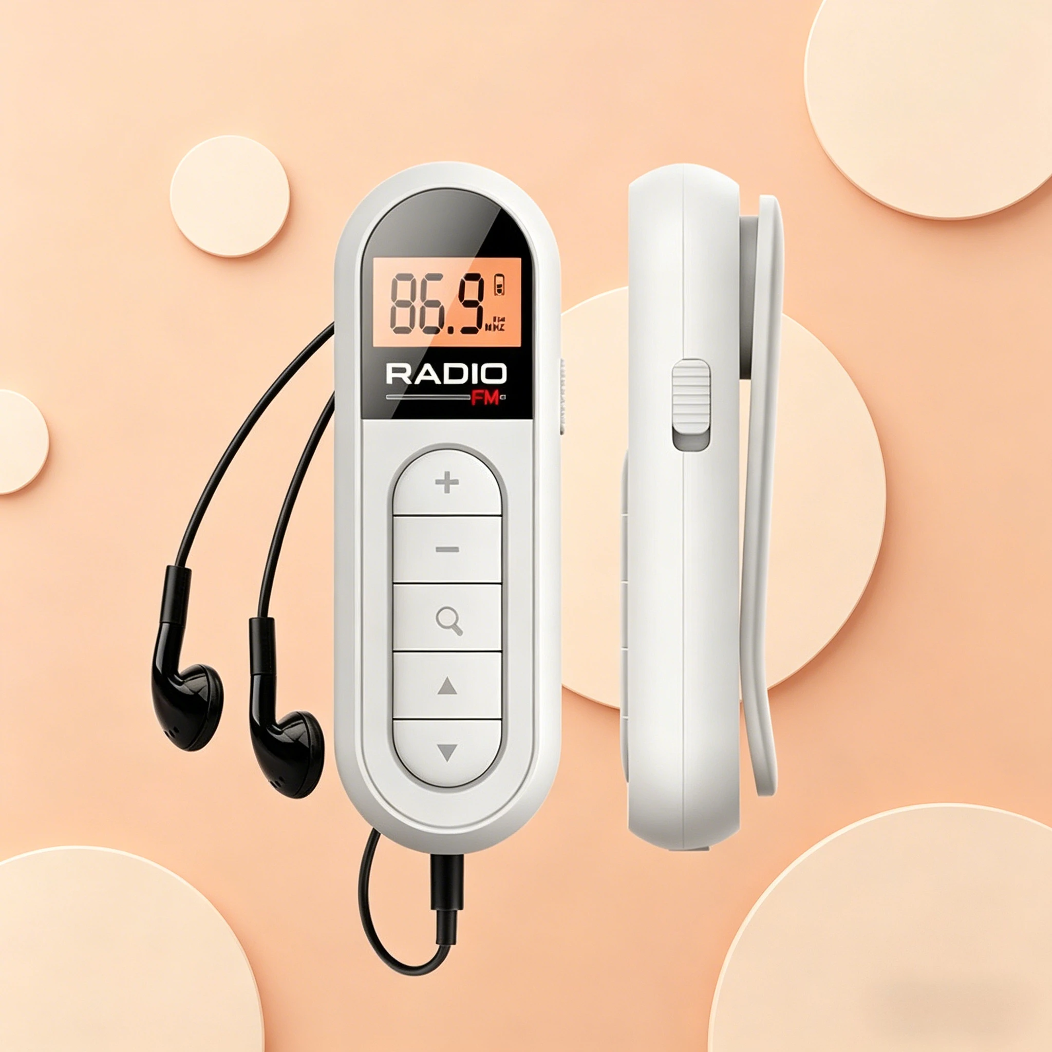 Radio FM portátil recargable con clip, pantalla LCD y auriculares