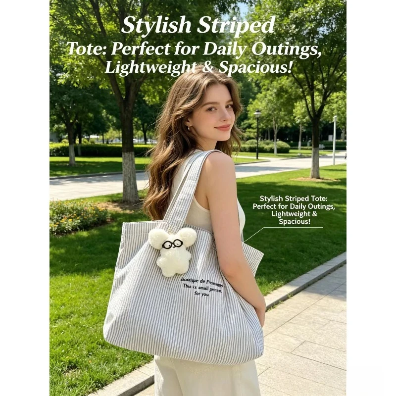 Bolso tote de lona a rayas, estilo casual