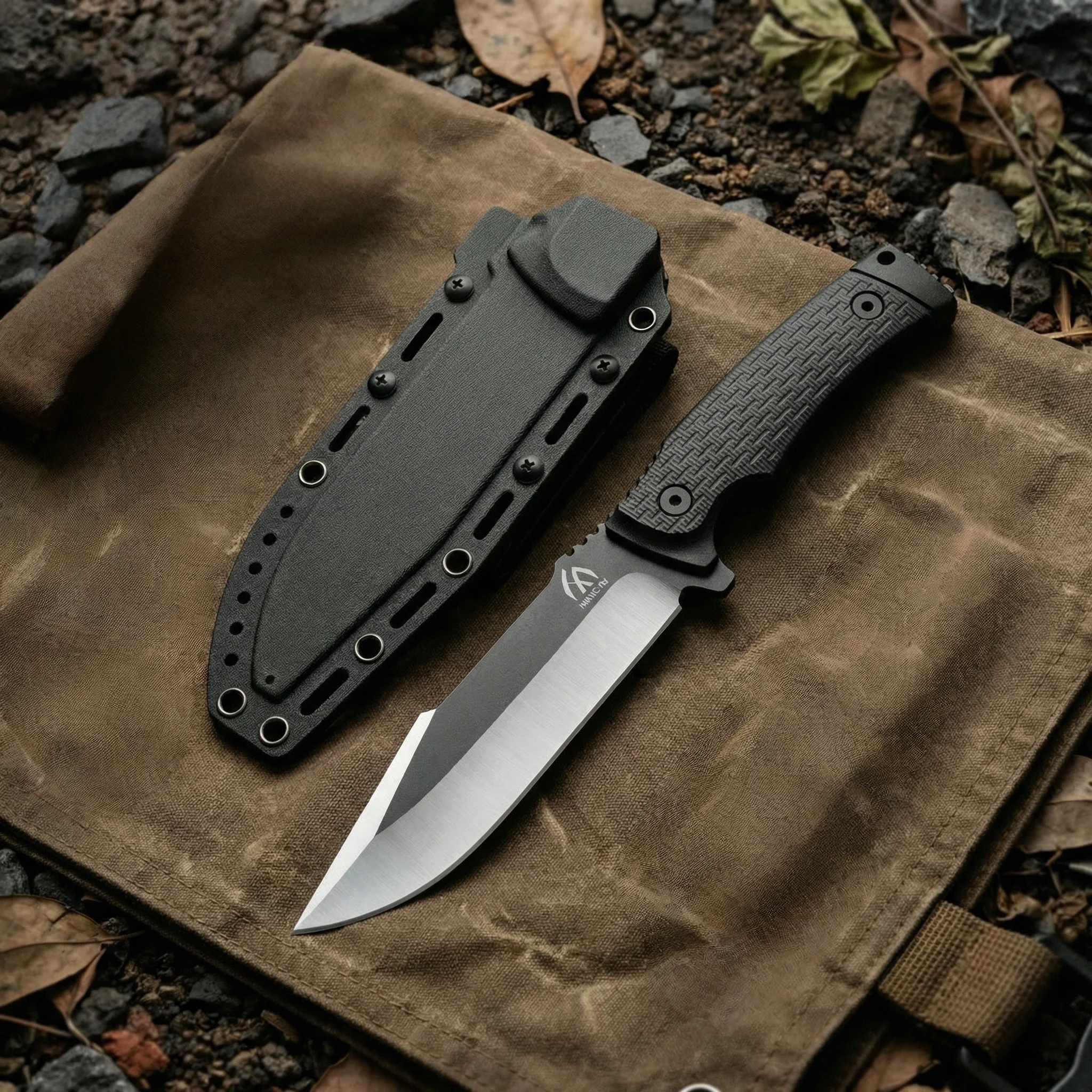 Cuchillo fijo de supervivencia en acero, con funda táctica