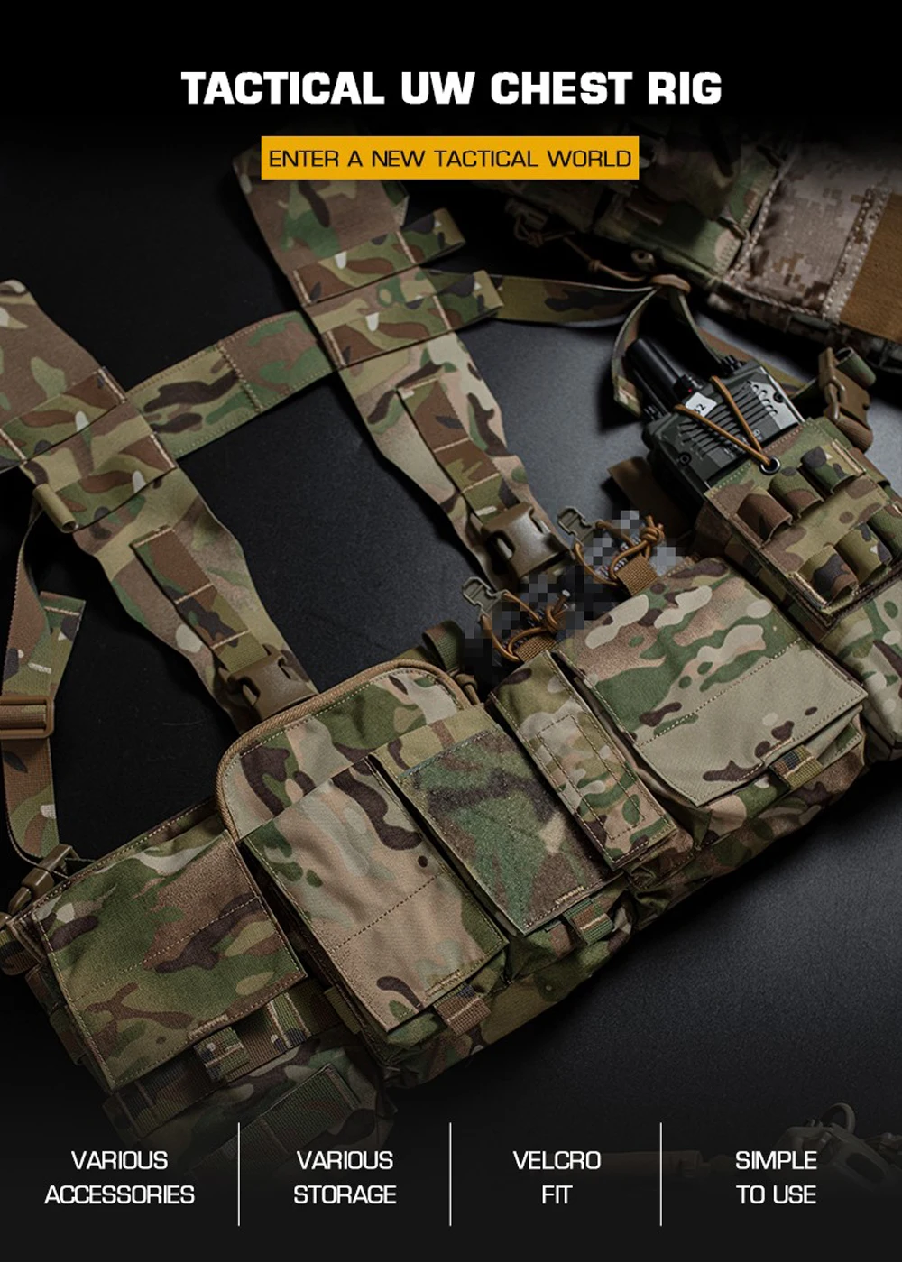 Detalle del arnés UW táctico en negro mate