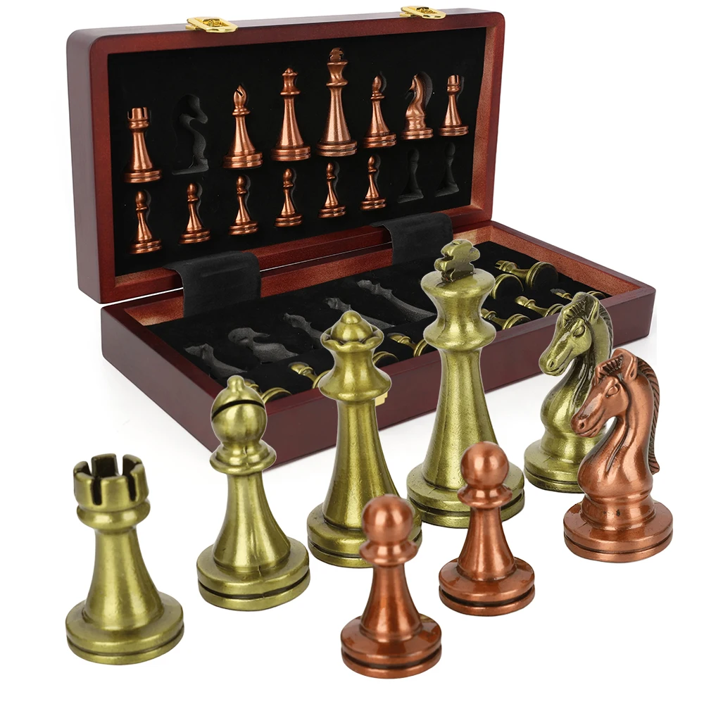 Juego de ajedrez de madera plegable retro con piezas metálicas - imagen 5
