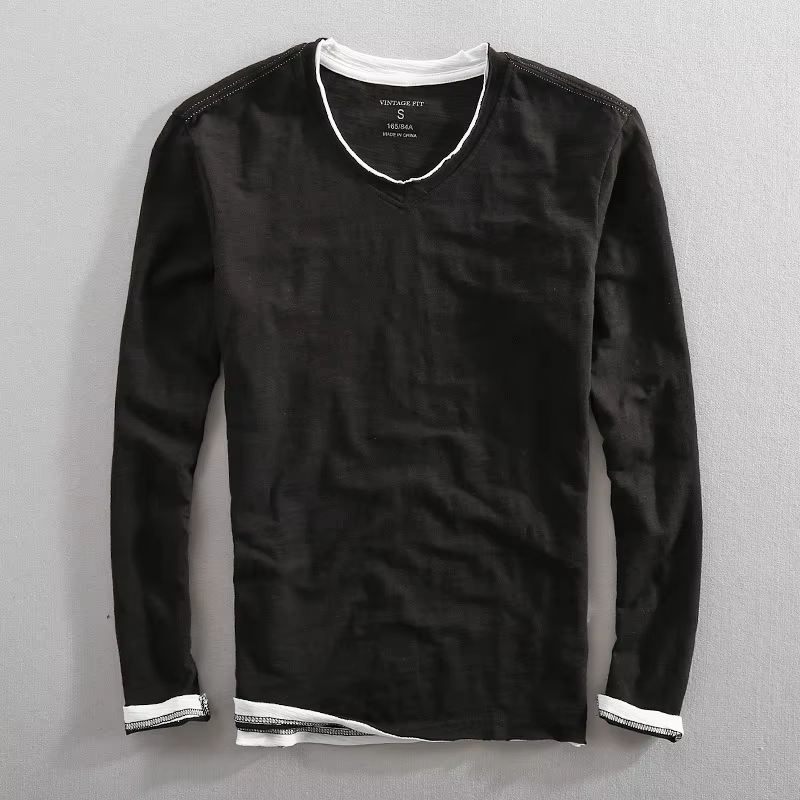 Camiseta manga larga táctica hombre algodón cuello V vintage - imagen 3